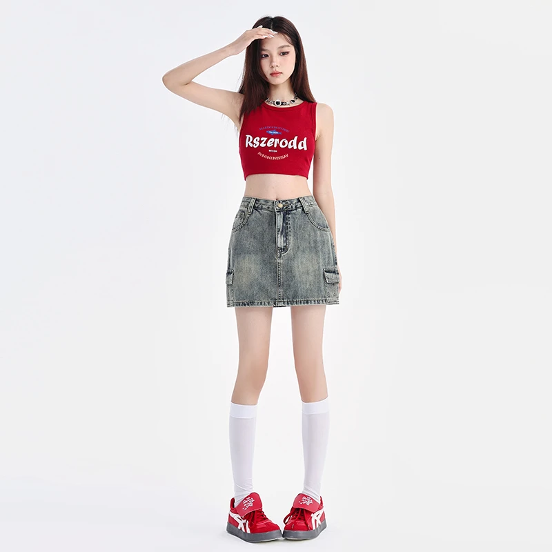 哥弟阿玛施正美式复古做旧辣妹a字裙修身显瘦含内衬高腰牛仔工装