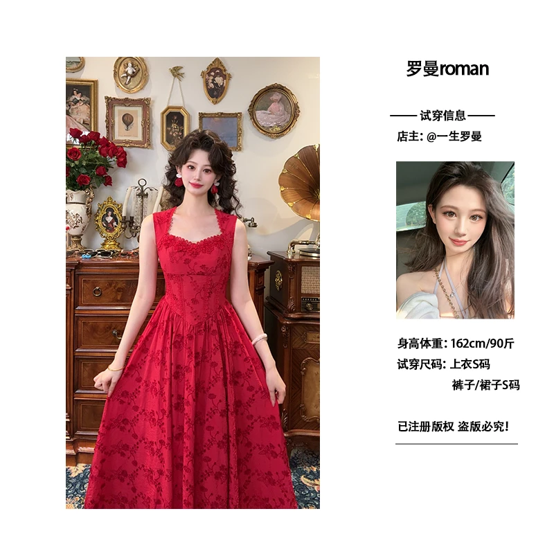 一生罗曼【海棠花开】夏日绝美法式气质方领收腰显瘦连衣裙L1165
