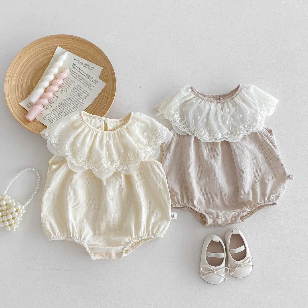 夏季婴儿衣服洋气花朵刺绣哈衣女宝宝翻领短袖包屁衣姐妹裙ins风