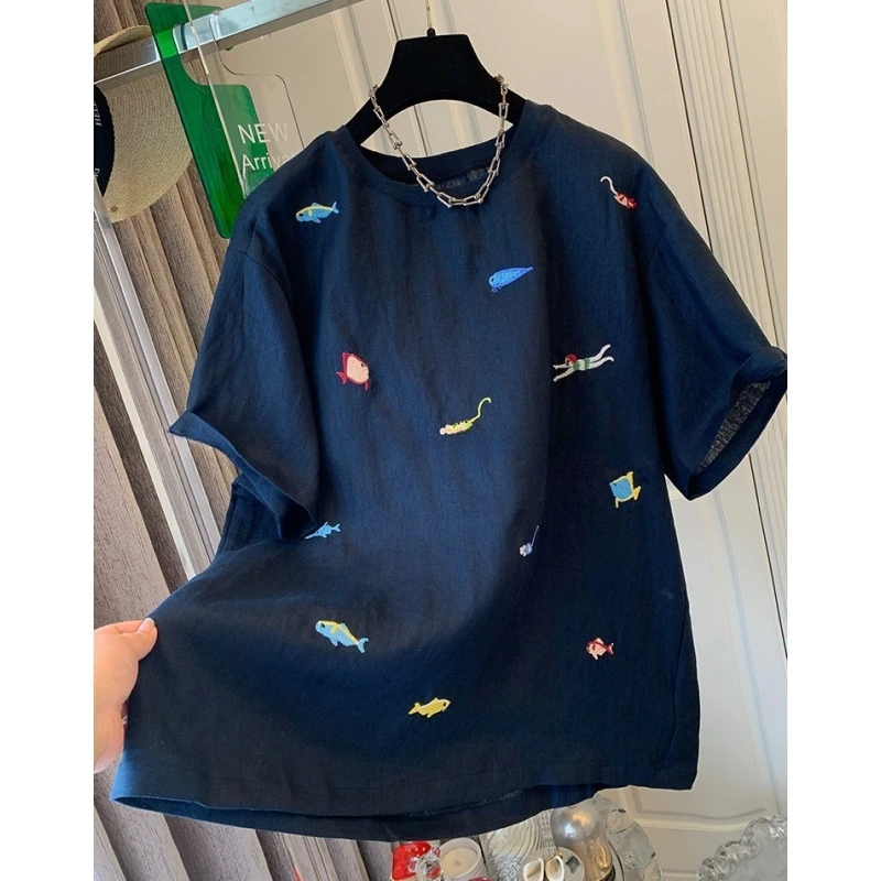 高级感轻奢气质刺绣短袖T恤麻料衬衫宽松时尚上衣女2025夏季新款