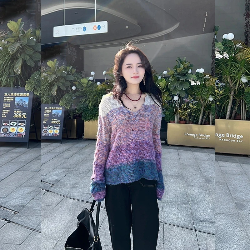 【深海霞光】 2025年春季撞色渐变拼接紫色绞花针织衫毛衣.Y8029