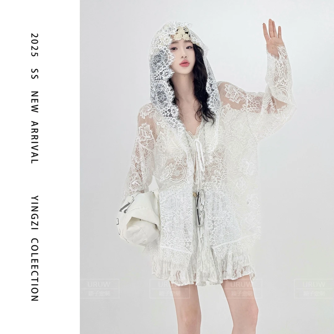 颖子定制【玫瑰香氛】夏季休闲纯色长袖薄款透气蕾丝花边开衫9761