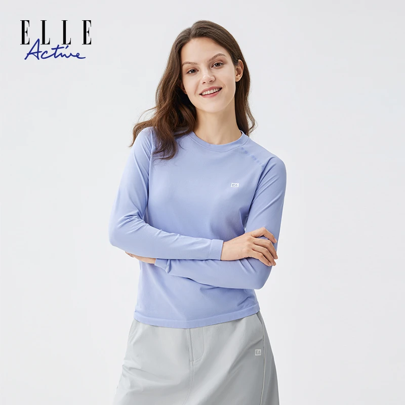 ELLE Active【一体织】经典圆领打底衫提花网孔运动女长袖t恤上衣