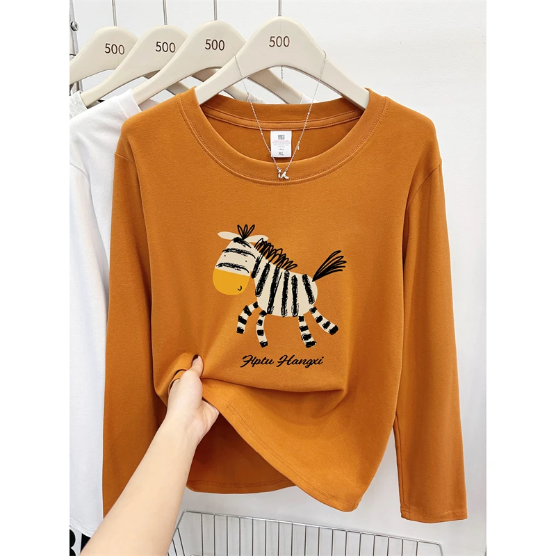 胖mm正肩大码长袖T恤女早秋季设计感斑马卡通印花圆领打底衫上衣