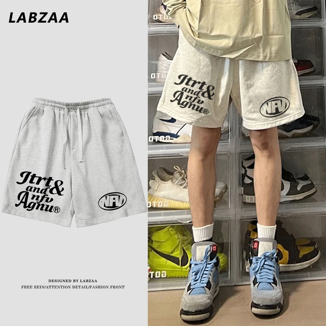 labzaa潮牌创意字母印花抽绳阔腿短裤男夏季宽松休闲直筒五分中裤