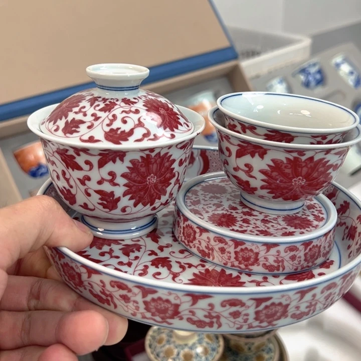 瓷片白青花釉里红缠枝莲五件套全品