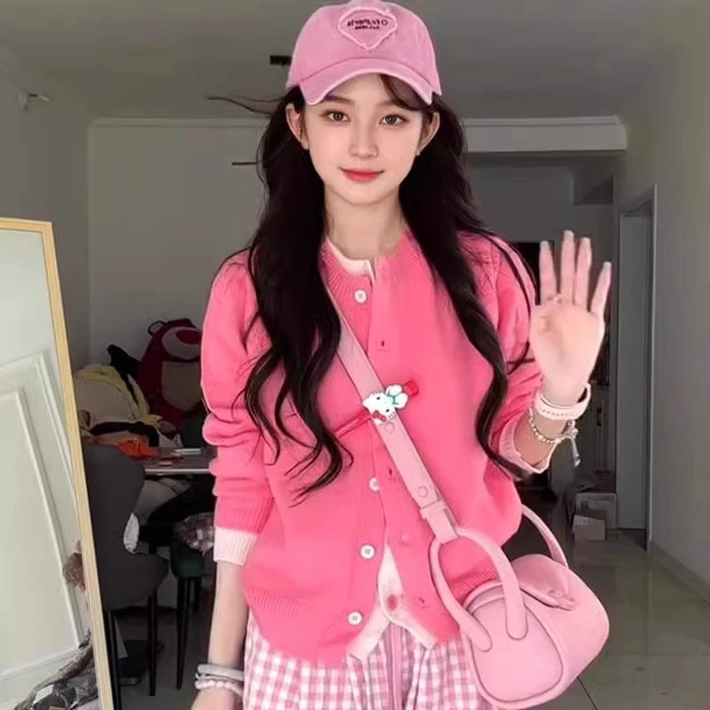 韩系拼接撞色假两件开衫毛衣女开春季针织衫高腰格纹长裤两件套装