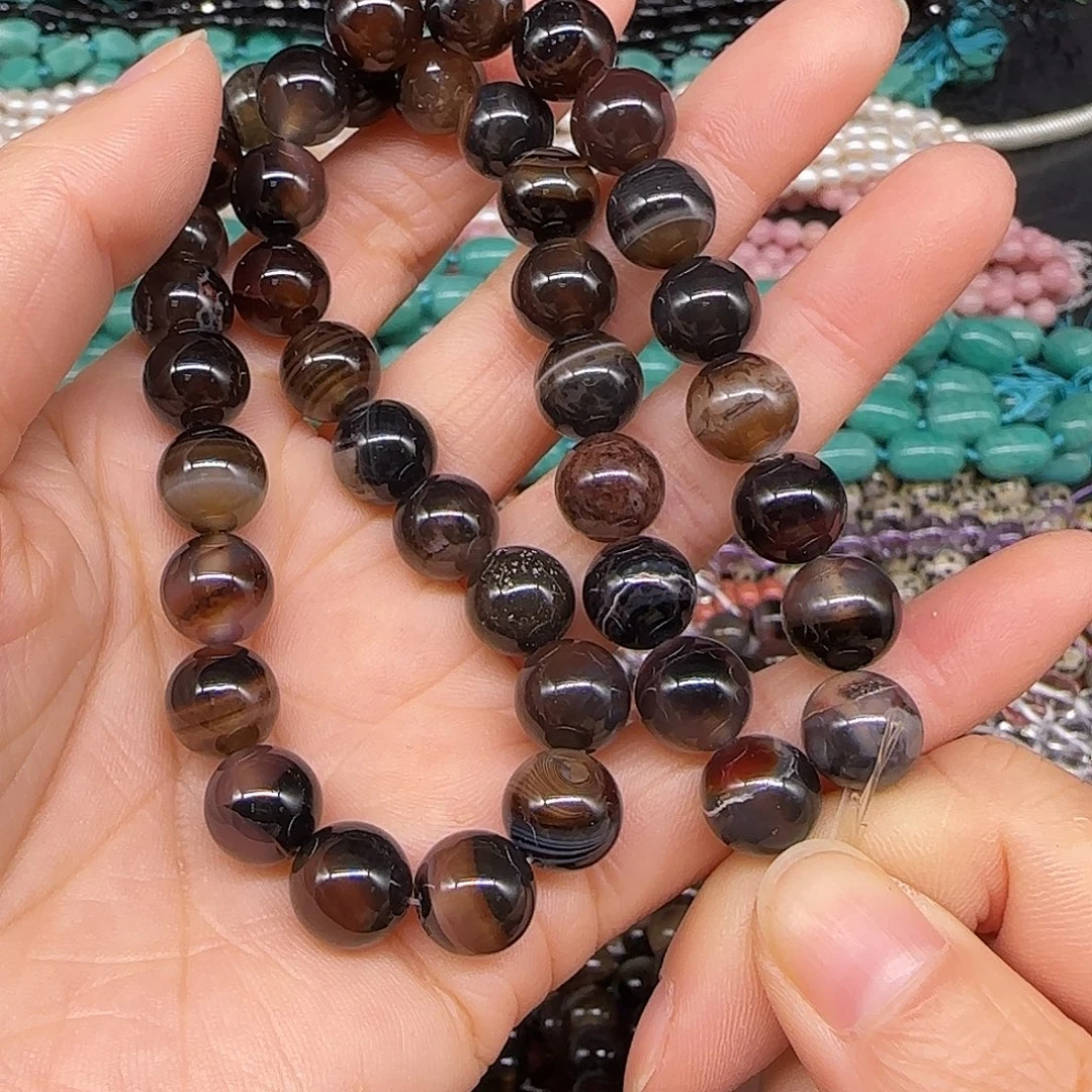 玛瑙/玉髓合金珠宝半成品黑玛瑙飘花10mm一条