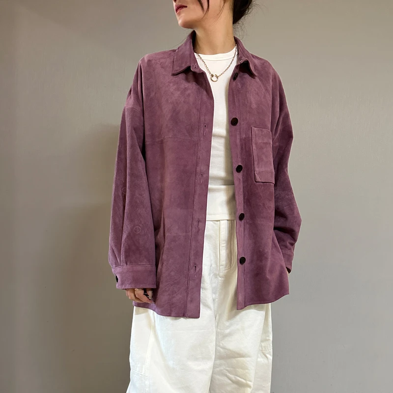 进口2025春新款手工打磨绒面绵羊皮宽松版衬衫女士上衣真皮外套