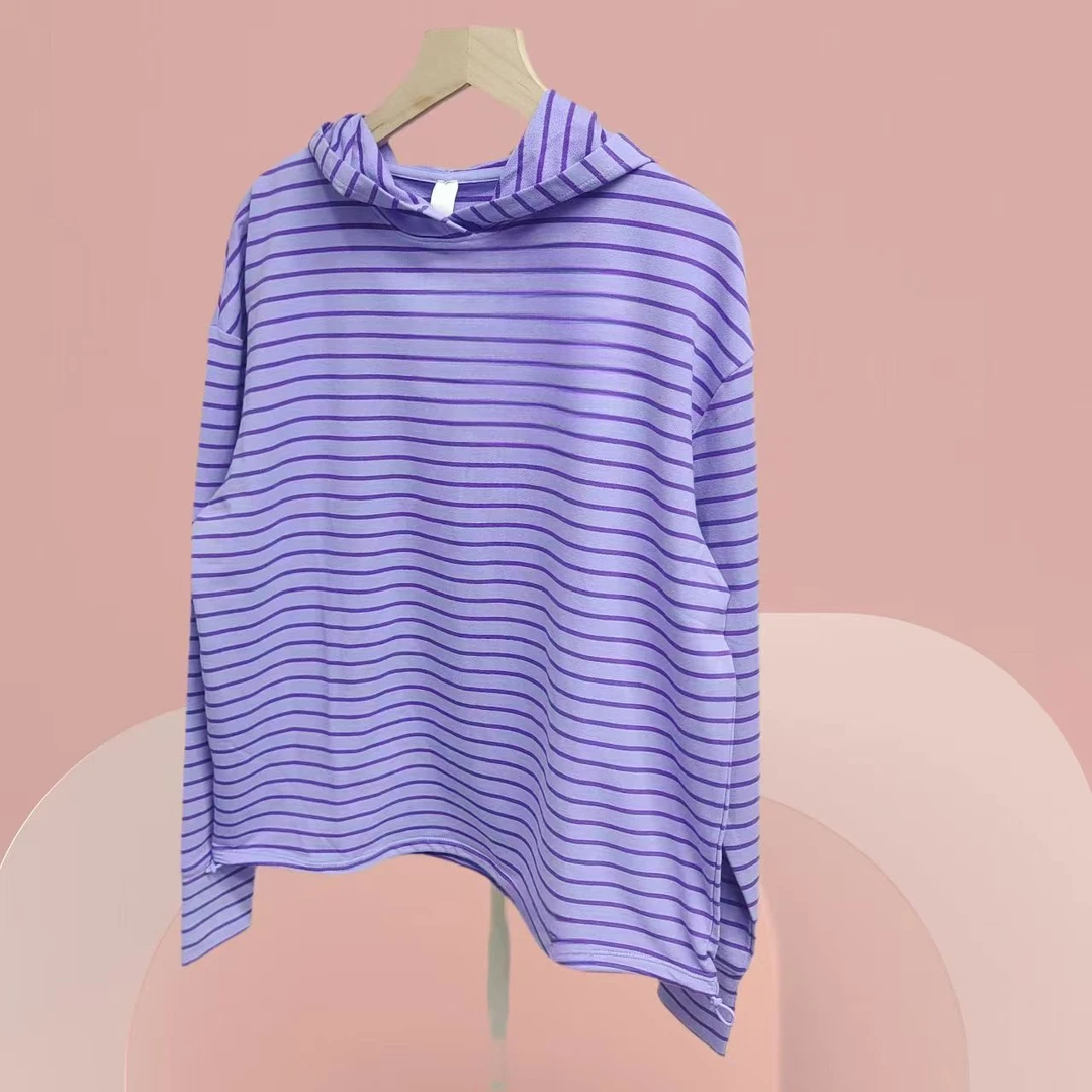 A775      女士长袖针织T休闲百搭连帽条纹