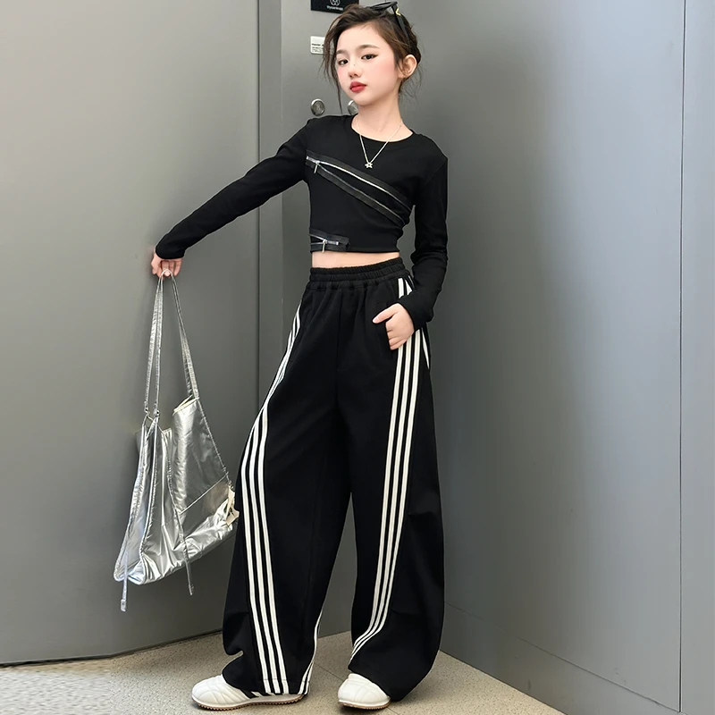 【嘻嘻柚】女童春季拉条运动套装2025新款修身打底休闲阔腿裤两件套