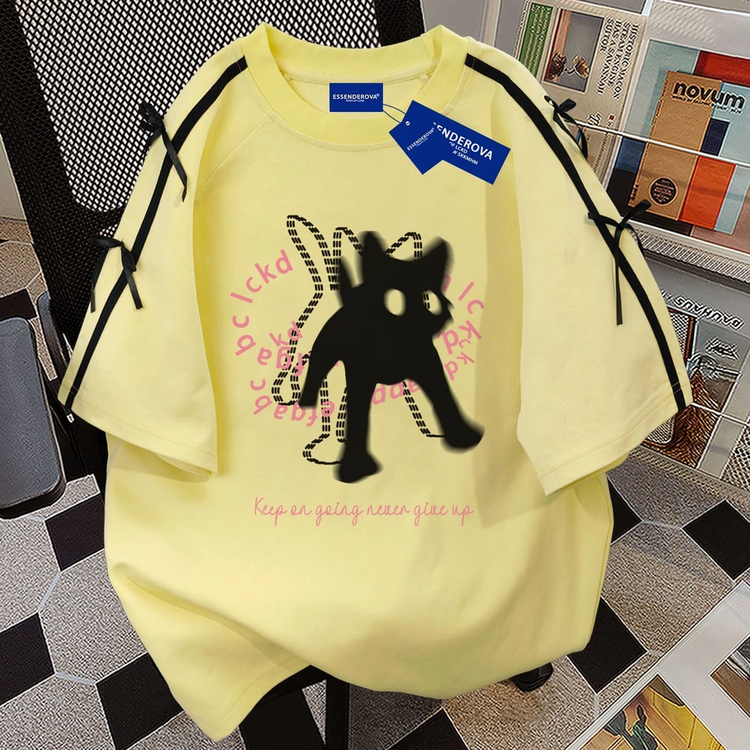 100%纯棉新款涂鸦猫咪短袖2025夏季t恤男女圆领宽松通勤情侣上衣