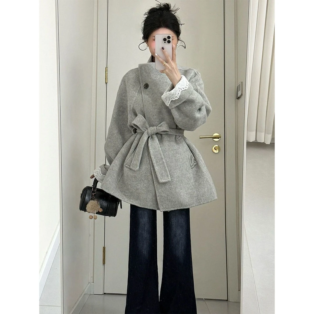 韩版灰色毛呢大衣女装2025秋冬新款小个子穿搭系带收腰千金感外套