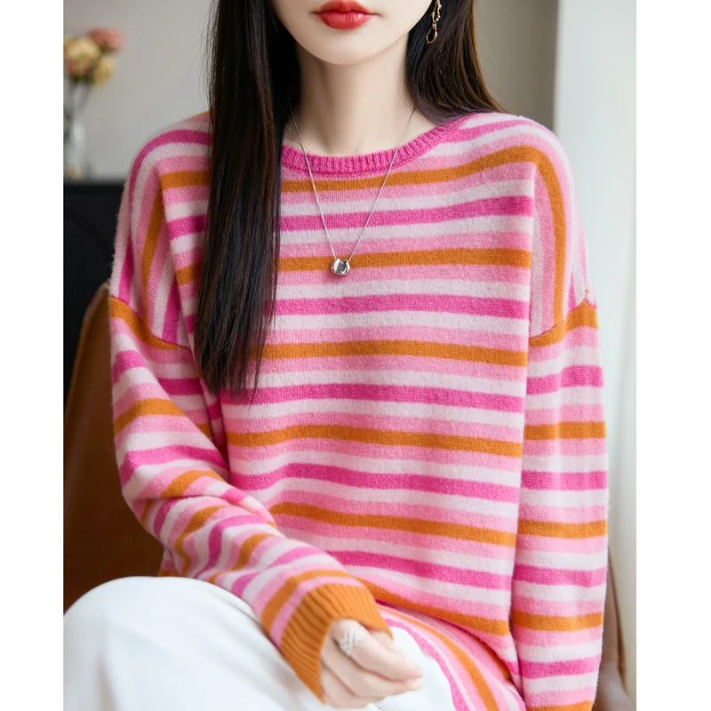 羊毛七针单股彩条针织衫女秋冬新款宽松百搭条纹撞色打底衫DMR237