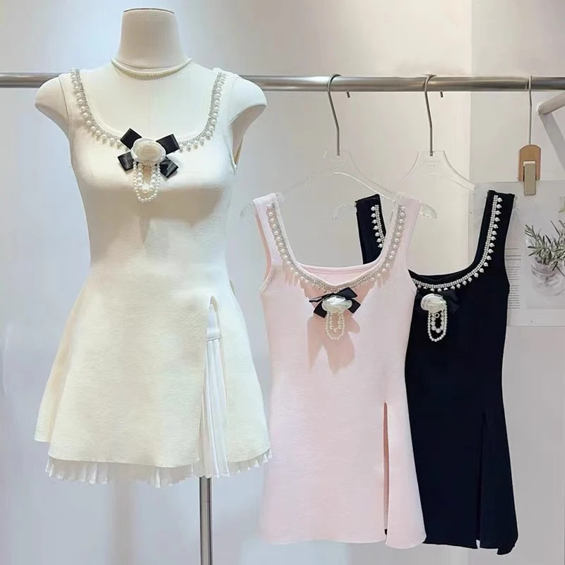 法式小众重工钉珠花朵开叉背心女夏装新款气质修身无袖针织衫上衣