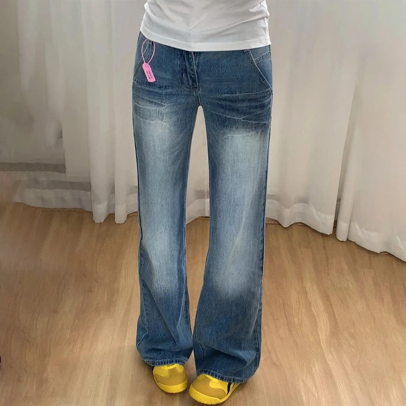 美式水洗窄版阔腿牛仔裤子女2025秋季新款低腰宽松显瘦加长直筒裤