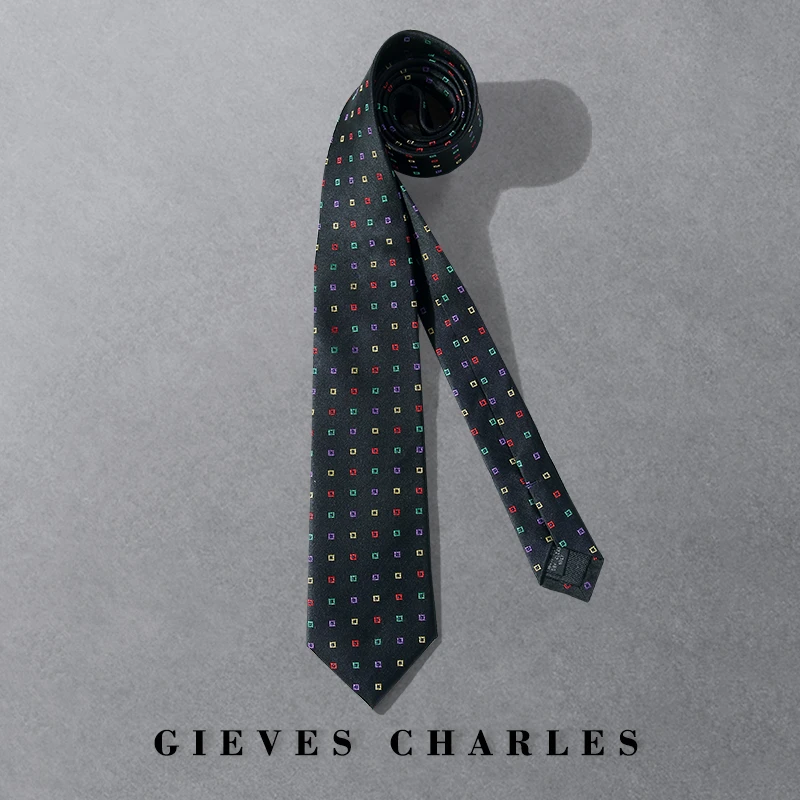 GIEVES CHARLES黑色方格桑蚕丝领带男商务正装高端时尚领带衬衫男