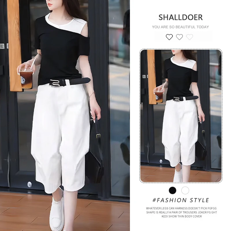 网红流行两件套女2025年夏季新款圆领拼色短袖上衣高腰休闲裤套装