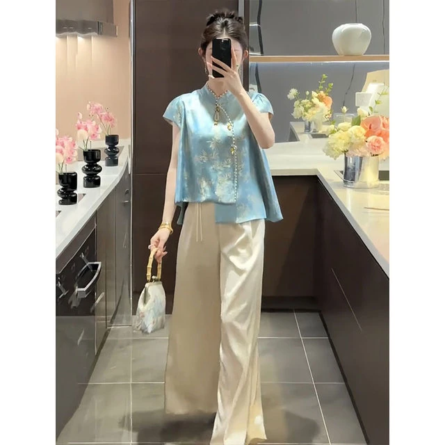 新中式国风复古套装夏季新款高级感盘扣立领上衣阔腿裤裙两件套女
