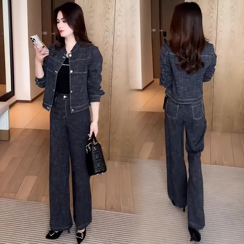 时尚休闲套装女2025春季新款洋气减龄显瘦短款外套阔腿裤两件套潮