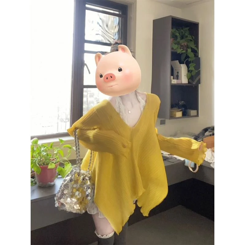 法式不规则黄色V领长袖衬衫女2025早春季新款宽松罩衫设计感上衣