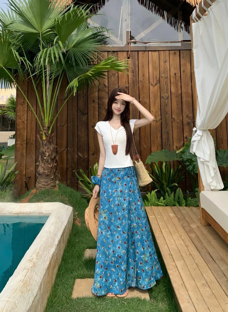 2025新款D7207油画复古高腰显瘦一片式蓝色系带碎花半身裙套装