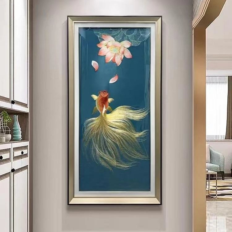 210荷花金鱼苏绣挂画新中式简约轻奢玄关苏州刺绣高货锦鲤80160