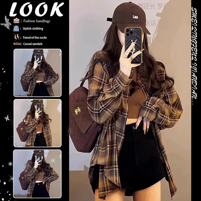 美式复古格子衬衫女款春秋2025新款设计感小众小个子防晒外套上衣