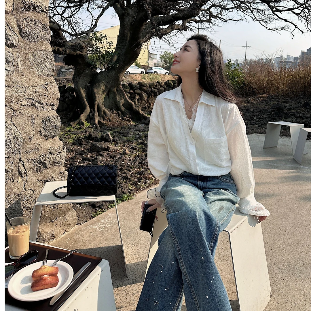 【雅宁YN】2025春季新款法式内搭上衣轻奢高级感白色蕾丝镂空衬衫女