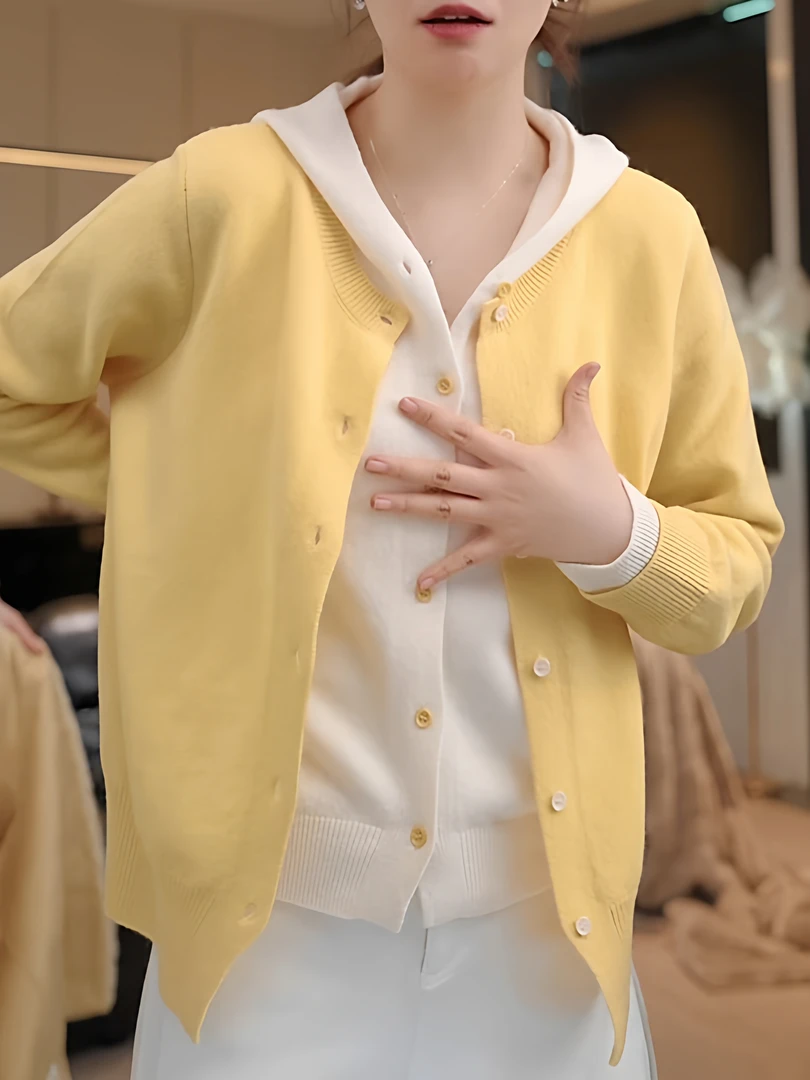 2025秋冬新款连帽假两件毛衣女秋冬新款韩版设计感撞色减龄针织衫