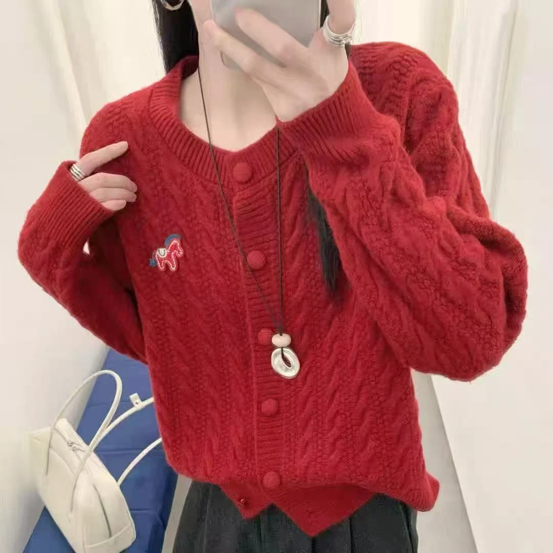 蛋蛋专属【幸运马】外套韩版圆领麻花包扣女装复古百搭软糯针织开衫