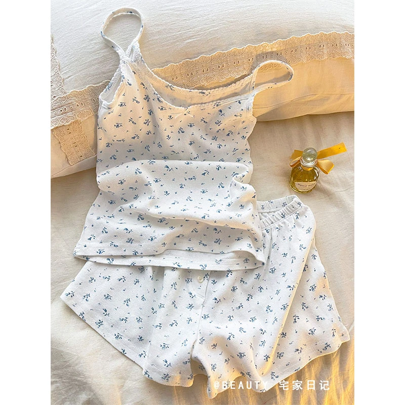 公主风甜美碎花印花白色吊带睡衣女夏2025新款清爽短裤套装家居服