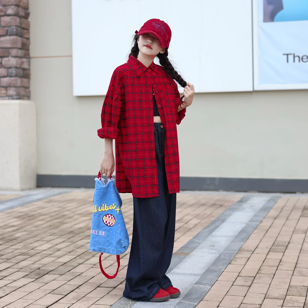 女童衬衫2025新款秋装儿童格子开衫洋气中大童女孩初中生翻领衬衣