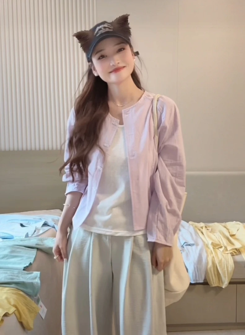 【纯棉】春季棉麻薄款防晒圆领衬衫短外套设计感休闲时尚百搭INS风