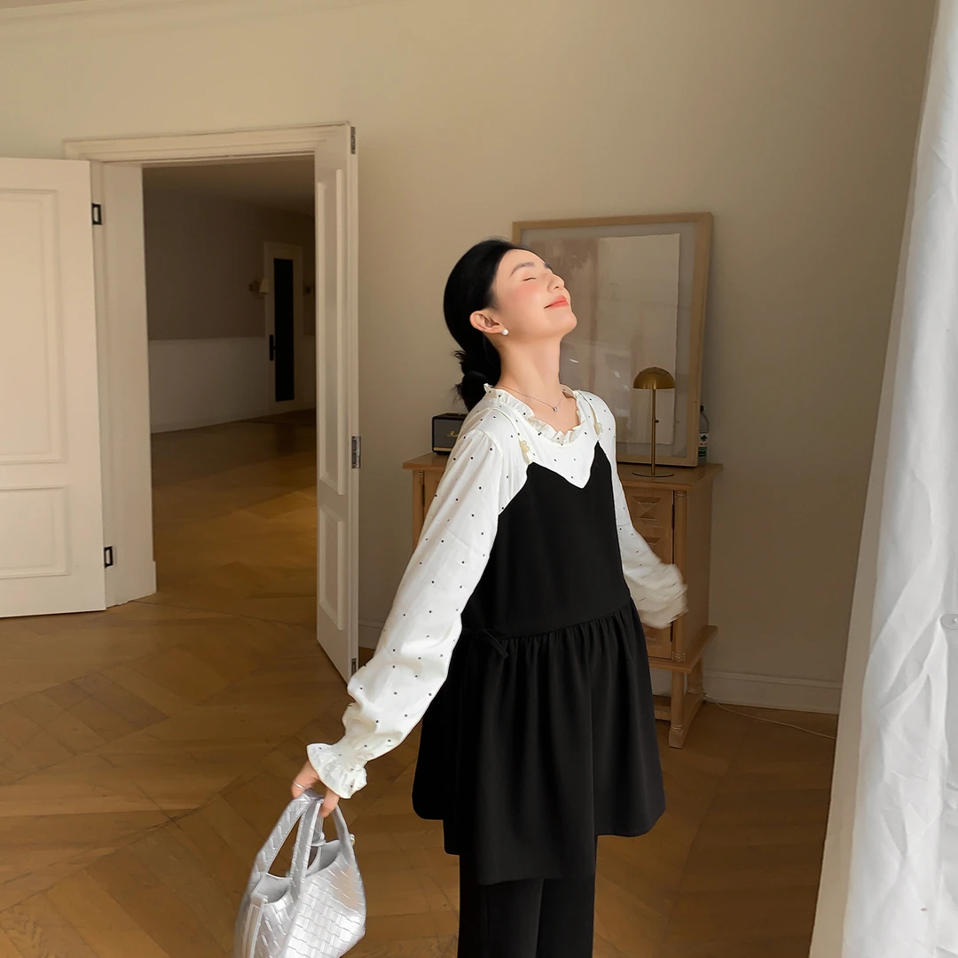 ZMA孕妇装【波点假两件】春秋套装A字小衫上衣九分微喇裤孕妇裤秋装