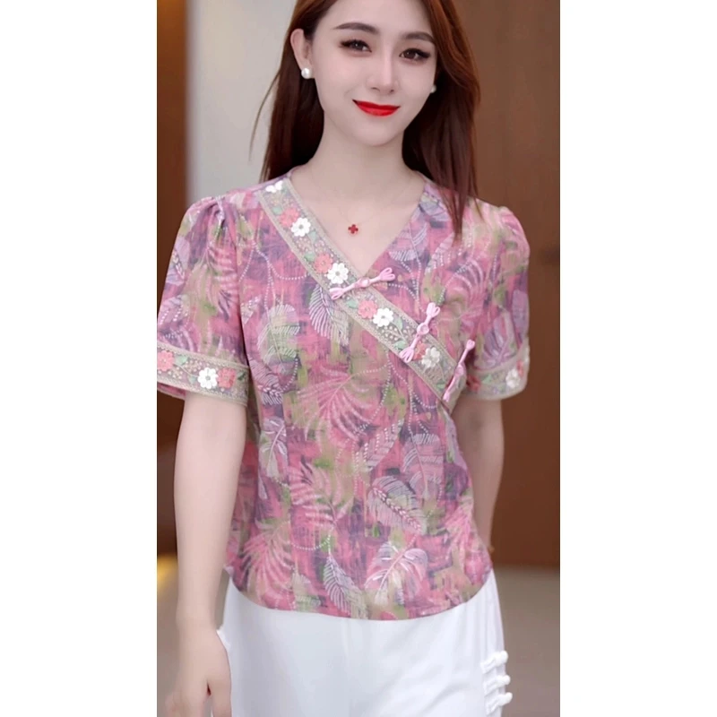 2025夏季新中式小衫优雅斜襟盘扣洋气显瘦减龄短袖碎花旗袍上衣