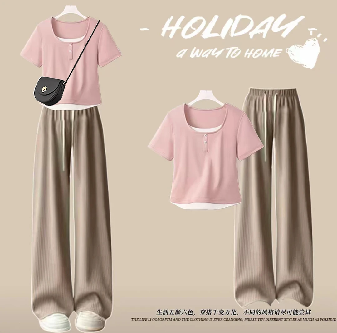 夏季减龄中大童休闲运动套装时尚薄款盐系纯棉上衣搭配休闲直筒裤