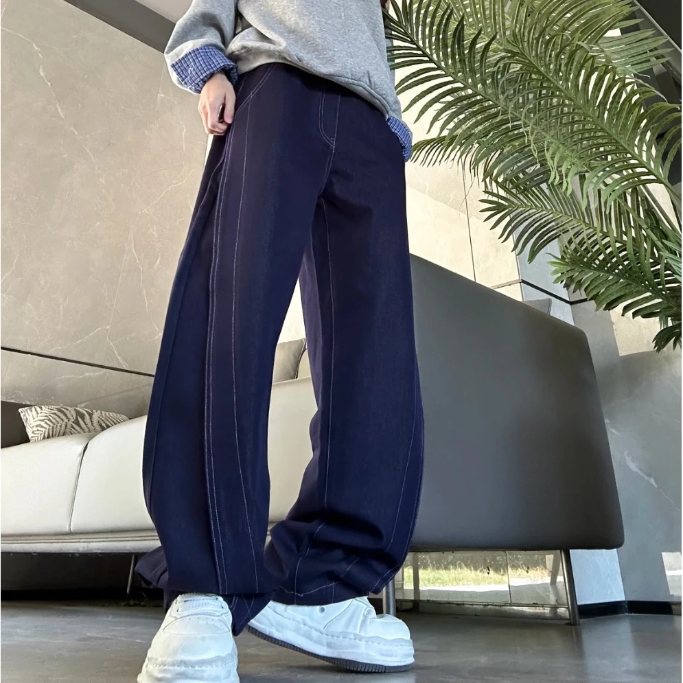 美式拼接香蕉镰刀牛仔裤男春季新款宽松直筒裤抽绳高腰提档弯刀裤