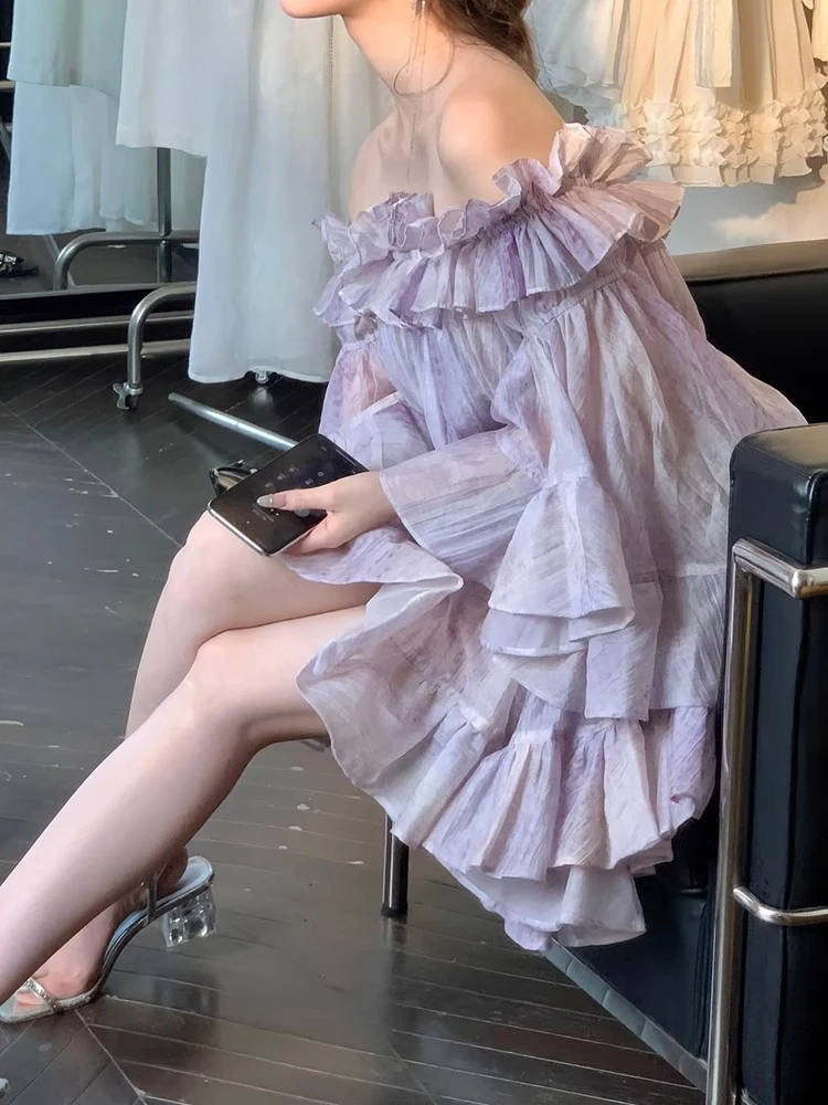 法式无袖一字肩紫色连衣裙子2025新款今年流行爆款女夏款