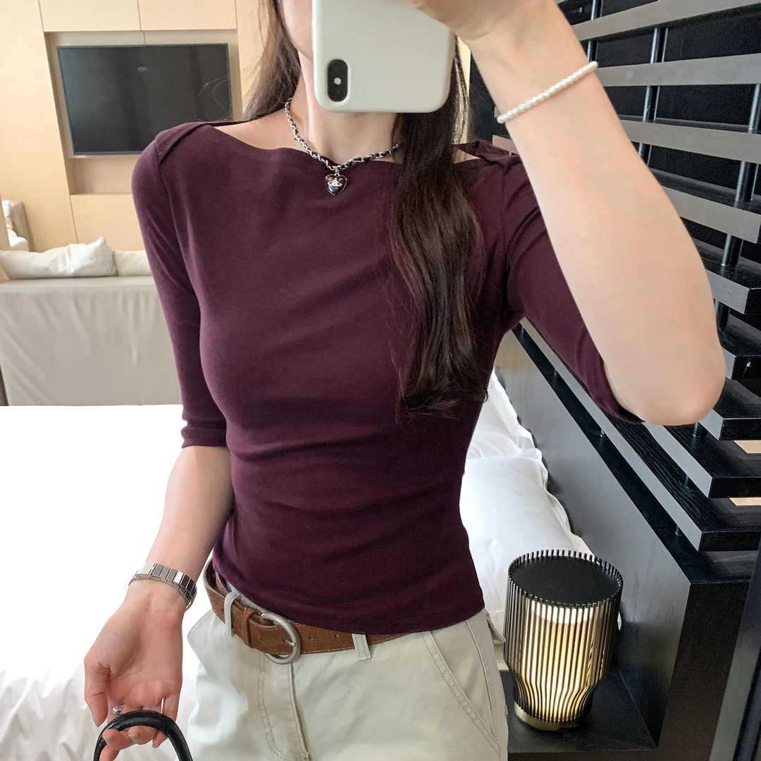 韩版纯欲风一字领正肩修身中袖t恤女时尚简约基础款通勤休闲上衣