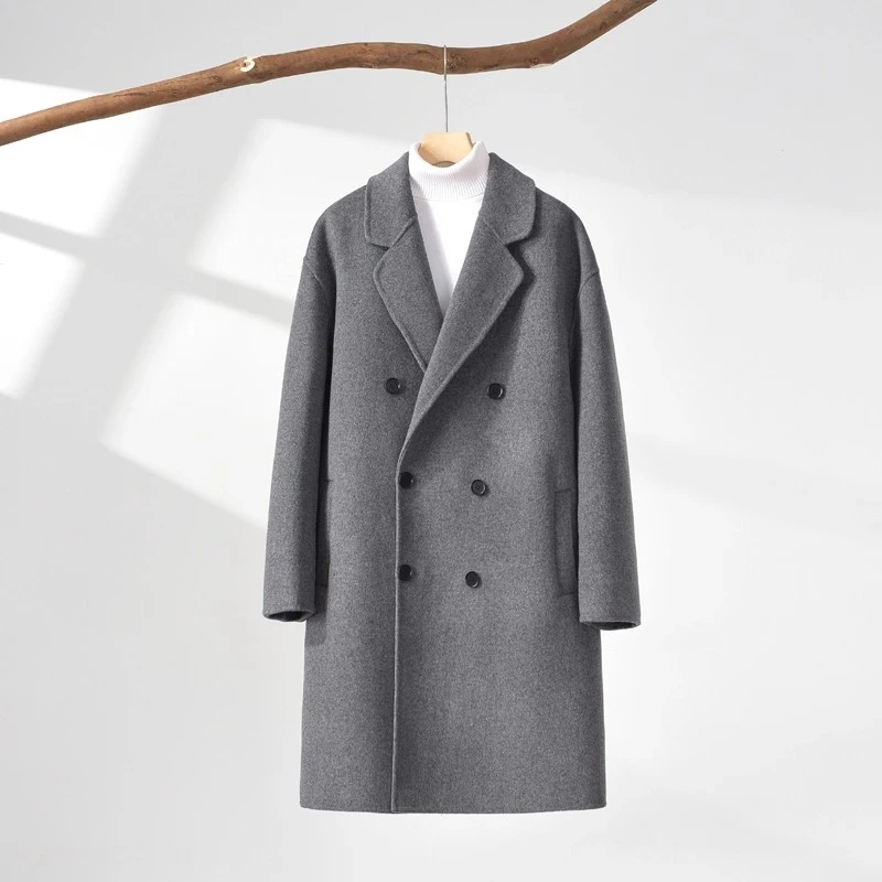 秋冬双面绵羊绒大衣男宽松落肩双排扣羊毛呢子外套反