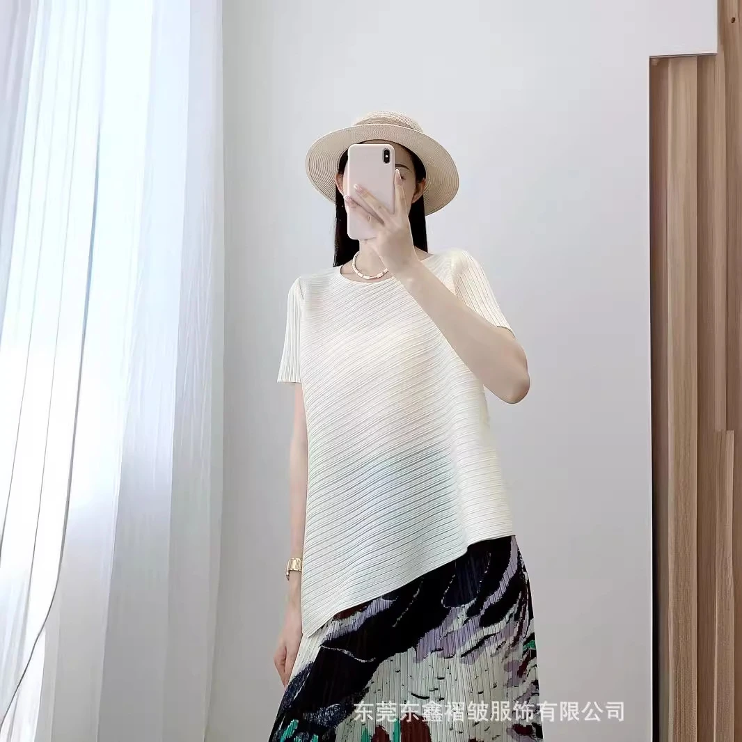 高端女装三宅系列2025新款褶皱不规则纯色上衣短袖夏季宽松遮肚t