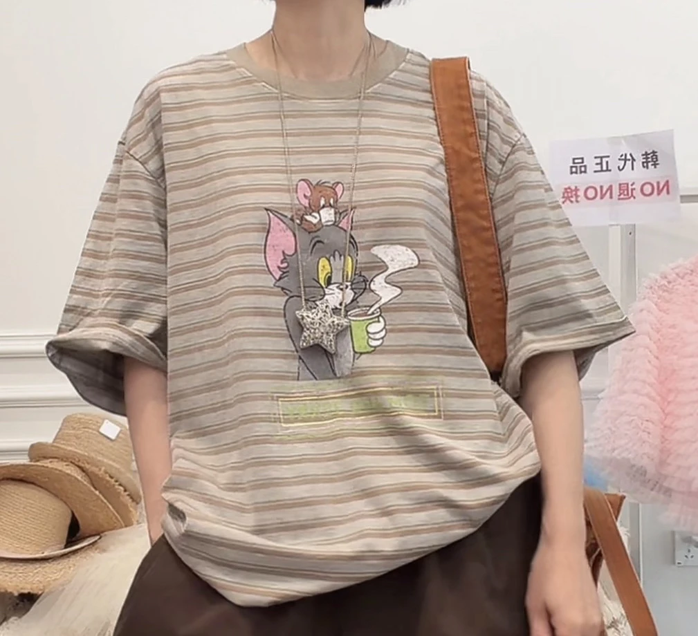 舜 韩代NO退猫和老鼠条纹T恤