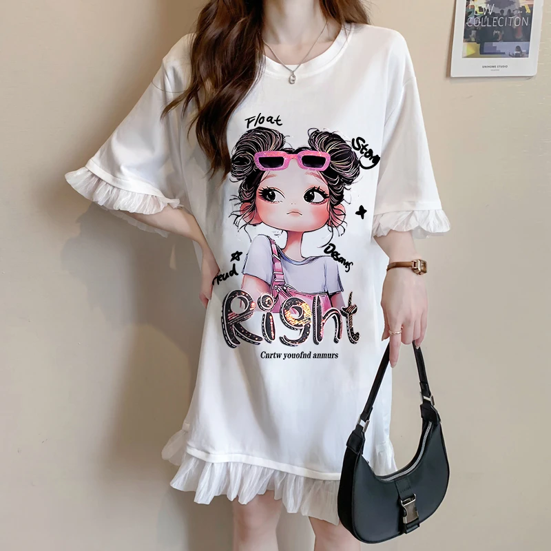宽松中长款连衣裙女夏季2025爆款韩版时尚洋气减龄卡通纯棉T恤裙