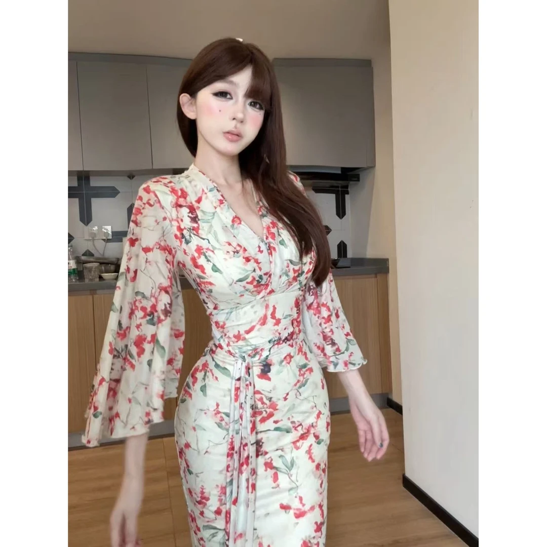 小洋家【花漾绫罗】夏季新款显瘦遮肉宽松家居舒适丰长袖连衣裙L