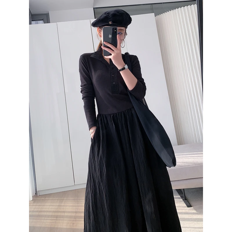懂点黑色显瘦长袖连衣裙女2025秋季收腰打底高级感时尚褶皱裙子