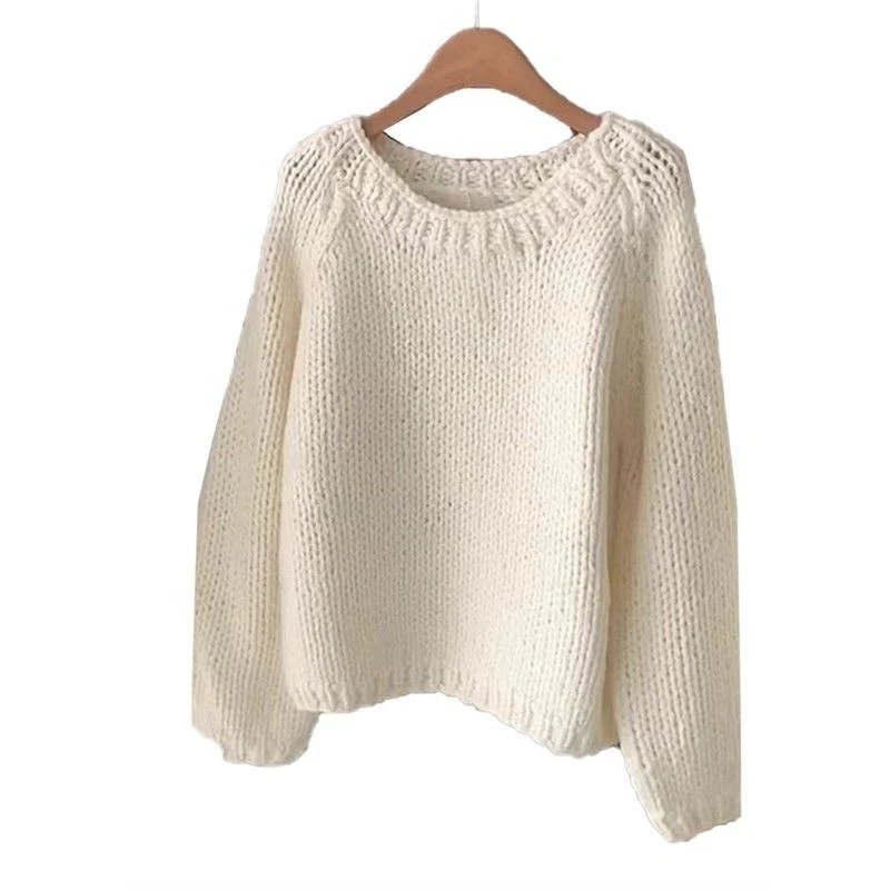秋冬季濮院韩系慵懒风奶白色粗线针织衫毛衣女士圆领套头上衣时尚