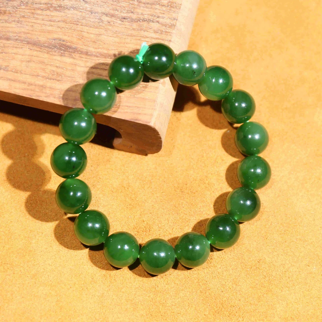 新疆和田玉老坑菠菜绿碧玉圆珠手串手链12mm绿色时尚手串单圈