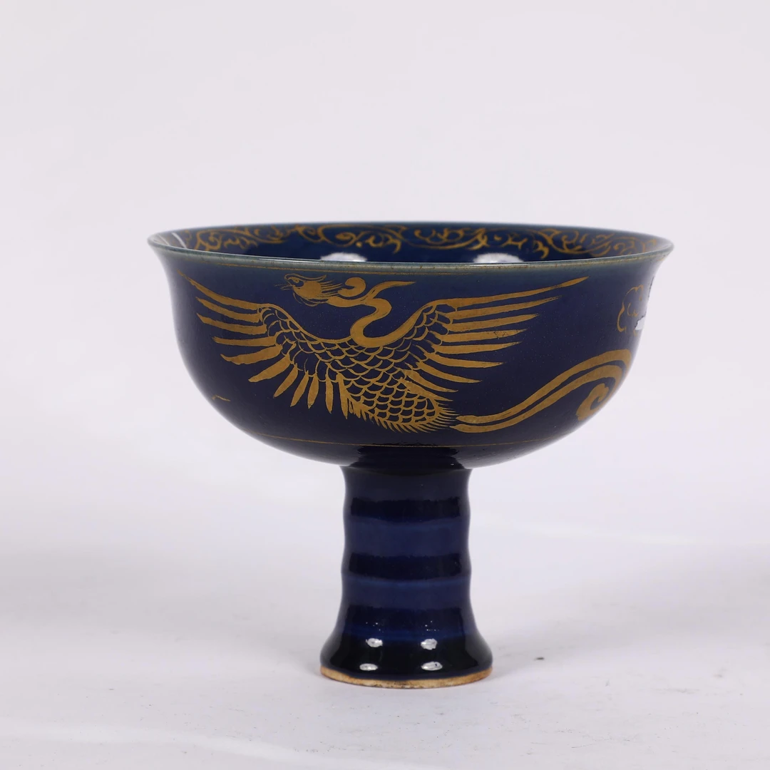 古陶瓷/蓝釉描金云双凤纹高足碗LOT5223-7-1