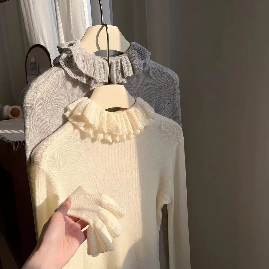 2025年秋冬新款花边领针织衫高级感半高领打底衫荷叶边长袖